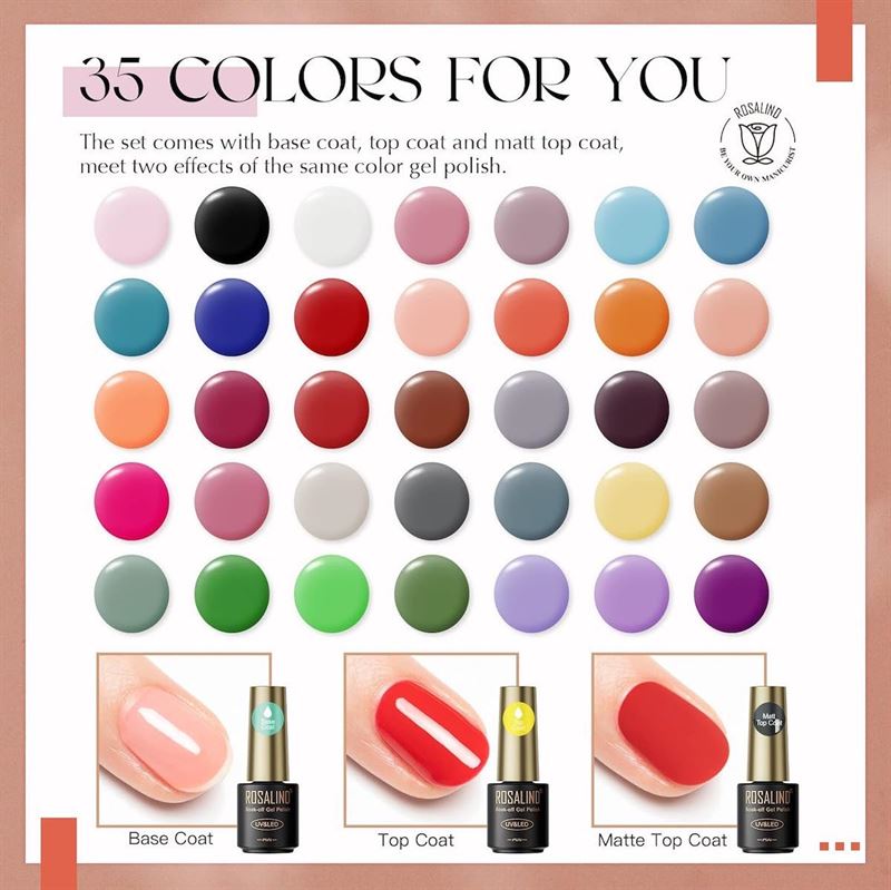 ROSALIND 38 - Piece Gel Nail Polish Set with 35 Colours + Base Coat & Top Coats (38 x 5 ml) - | Fashiongirl