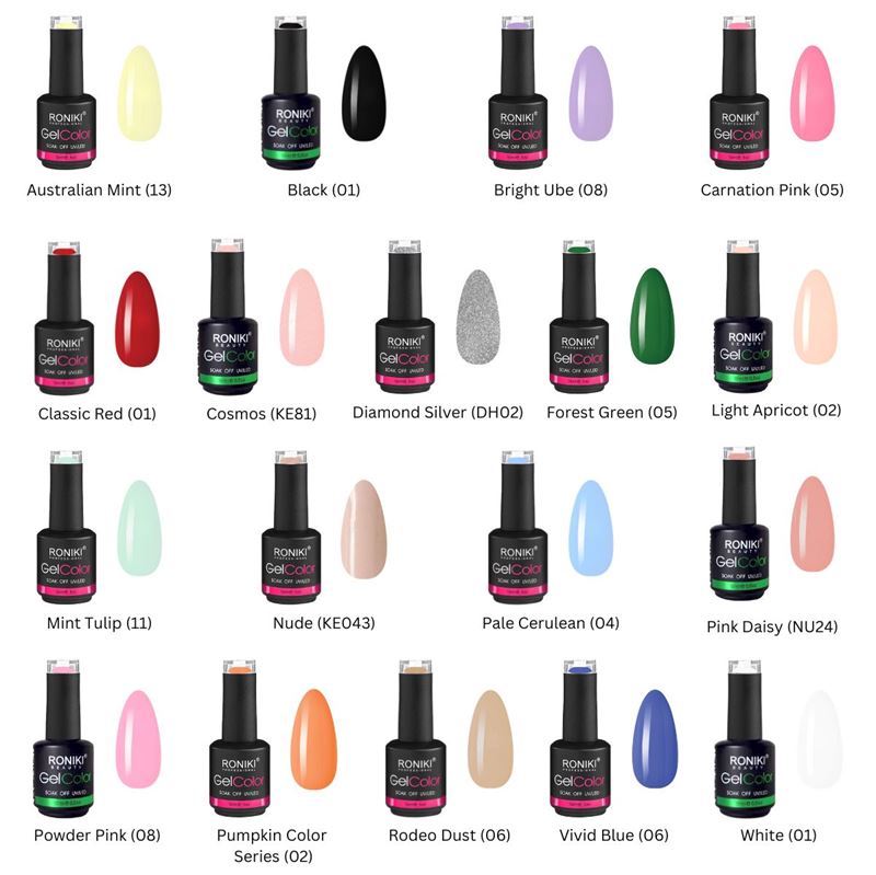 A chart of 20 UNIQ Premium Gel Polish bottles, each with a swatch and labeled shade name/number—ideal for creating vibrant or neutral gel nails at home that cure perfectly under any UV/LED lamp.