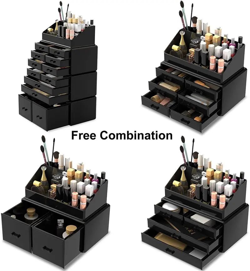 Four UNIQ black beauty organisers, including the UNIQ XXL Organiser with 12 drawers and 16 compartments, are arranged in various drawer combinations to neatly store cosmetics, brushes, and bottles. Free Combination appears at the center.