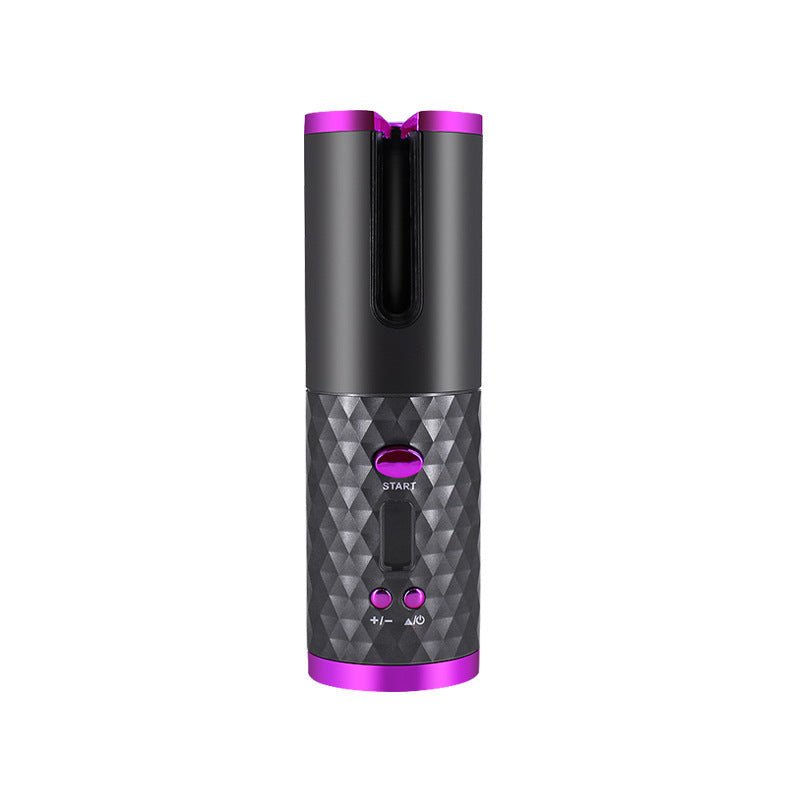 The Fashiongirl Cordless Curling Iron—Cordless Automatic Hair Curler—features a black and purple diamond-patterned grip, easy control buttons, and an open barrel for effortless styling anywhere.