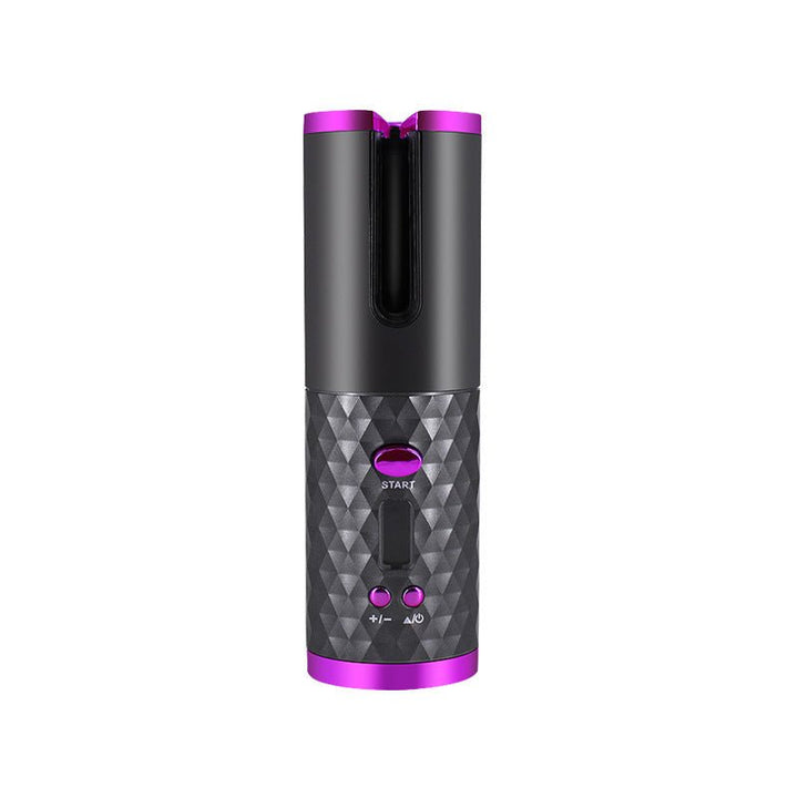 The Fashiongirl Cordless Curling Iron—Cordless Automatic Hair Curler—features a black and purple diamond-patterned grip, easy control buttons, and an open barrel for effortless styling anywhere.