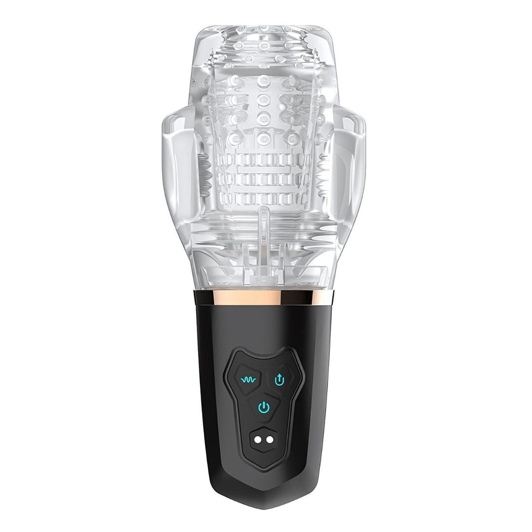 The Intimia Masturbator with Rocket Pressure features a transparent, textured silicone sleeve on a black base with control buttons and indicator lights, offering a sleek, automated personal wellness experience.