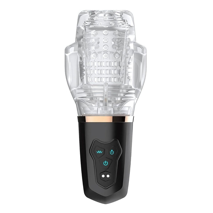 The Intimia Masturbator with Rocket Pressure features a transparent, textured silicone sleeve on a black base with control buttons and indicator lights, offering a sleek, automated personal wellness experience.