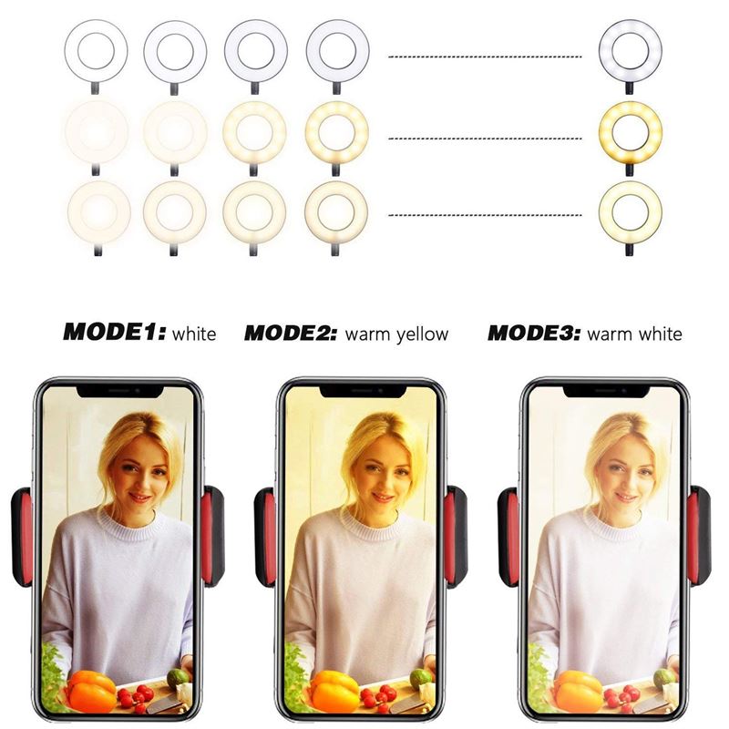 A comparison chart features three UNIQ Selfie Ring Lights, each with adjustable LED modes—white, warm yellow, and warm white—showing a woman on a phone illuminated alongside colorful vegetables. Perfect for streaming, vlogs, YouTube, or makeup.