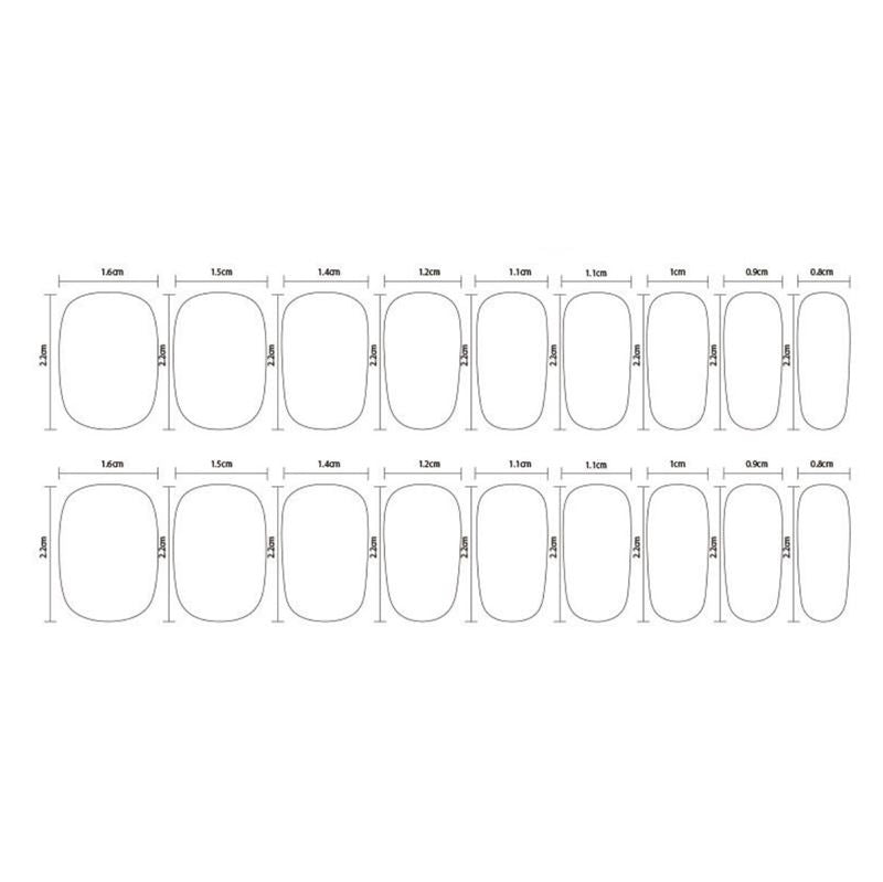 Diagram displaying 20 outlined nail shapes labeled with width and height in centimeters—ideal for sizing or reference when selecting UNIQ Semi Cured Gel Nail Stickers / Self-adhesive nail polish Classic French (JK-331).