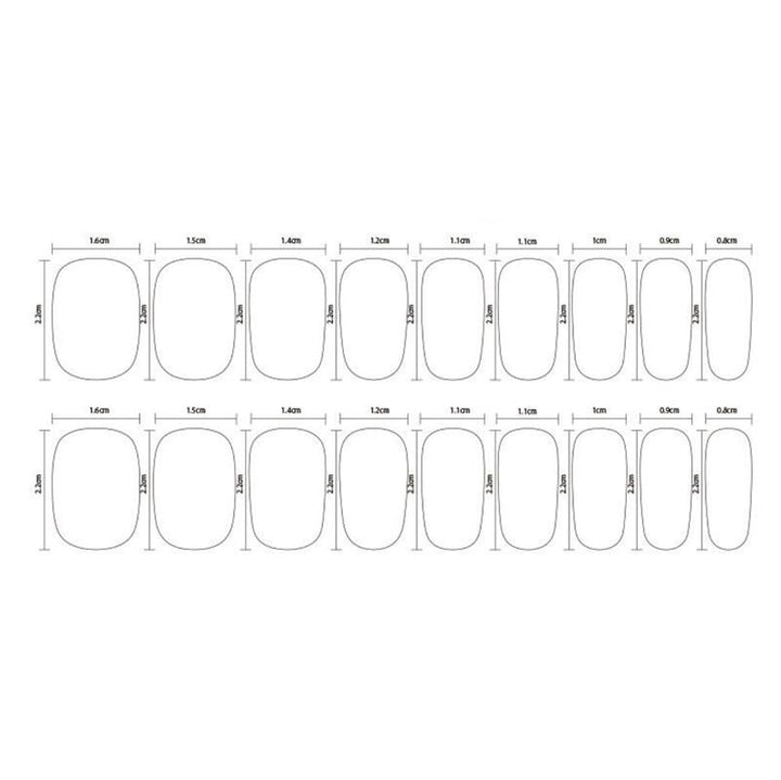 Diagram displaying 20 outlined nail shapes labeled with width and height in centimeters—ideal for sizing or reference when selecting UNIQ Semi Cured Gel Nail Stickers / Self-adhesive nail polish Classic French (JK-331).