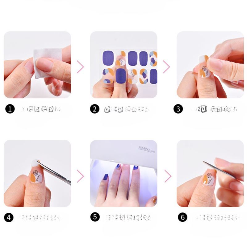 Six-step image guide for applying UNIQ Semi Cured Gel Nail Stickers / Self-adhesive nail polish - Classic French (JK-331): from prep and placement to UV curing, achieve perfect salon-quality nails at home.