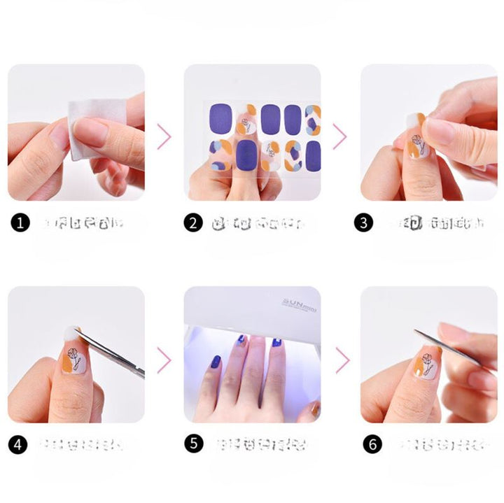 Six-step image guide for applying UNIQ Semi Cured Gel Nail Stickers / Self-adhesive nail polish - Classic French (JK-331): from prep and placement to UV curing, achieve perfect salon-quality nails at home.