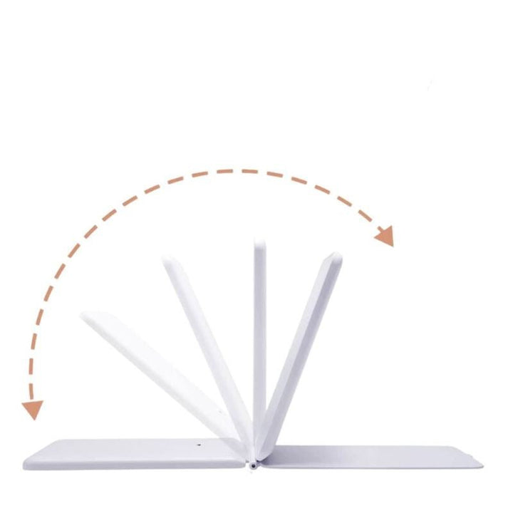 Minimalist illustration of the UNIQ Foldable LED Makeup Mirror in white by UNIQ, showing four adjustable positions from flat to upright with a dashed arrow indicating movement. Plain white background. Rechargeable & travel-friendly design.