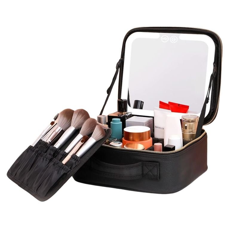 The UNIQ LED Makeup Travel Case with Mirror by UNIQ is a black portable cosmetic organizer bag that features elastic brush slots and compartments for bottles, jars, and tubes—making it perfect for keeping your essentials organized on the go.