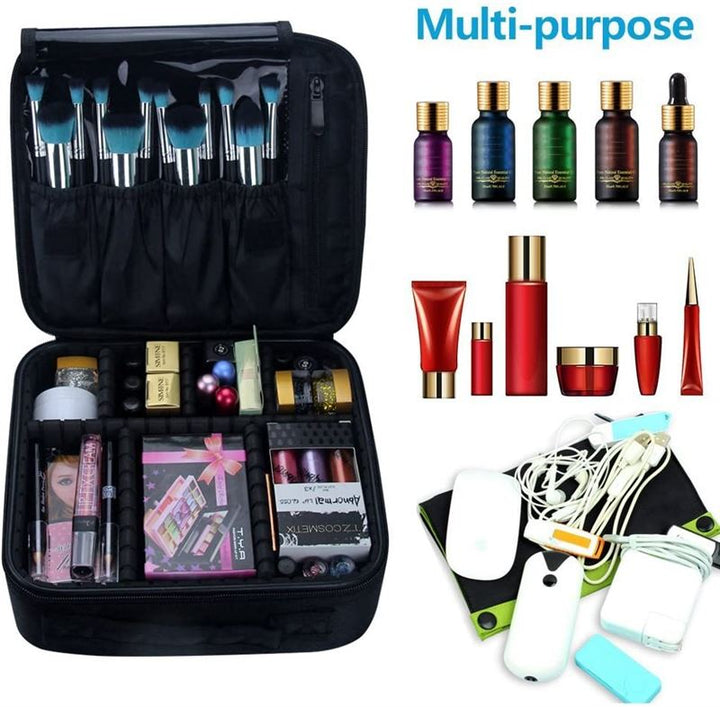 The UNIQ makeup travel bag by UNIQ is a black cosmetic toiletry bag with adjustable compartments—perfect for organizing brushes, skincare bottles, makeup, and electronic accessories—all in one multifunctional design.