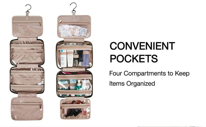 Two black UNIQ Travel Toiletry Bags, each with four waterproof compartments and a hanging hook, displayed with text: CONVENIENT POCKETS: This water-repellent UNIQ bag keeps your items organized and protected.