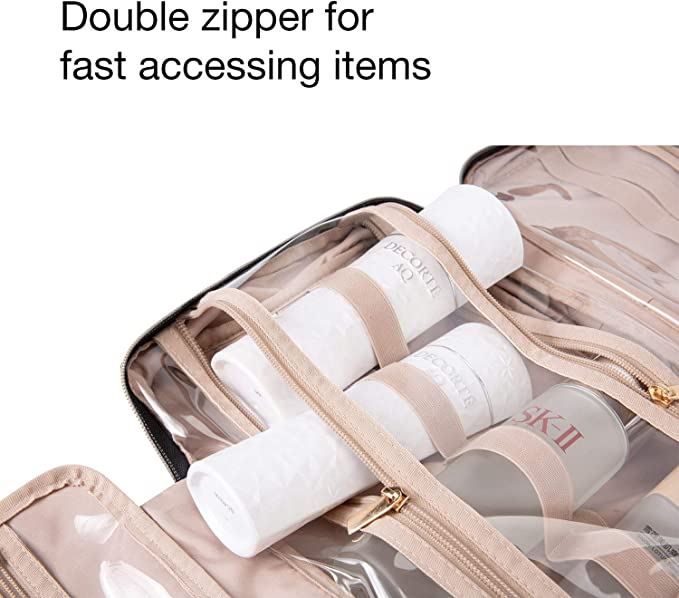 The UNIQ Travel Toiletry Bag in black features 4 waterproof compartments with clear panels, beige trim, and elastic straps for bottles. Includes a double zipper for fast access and a hanging hook for convenience.