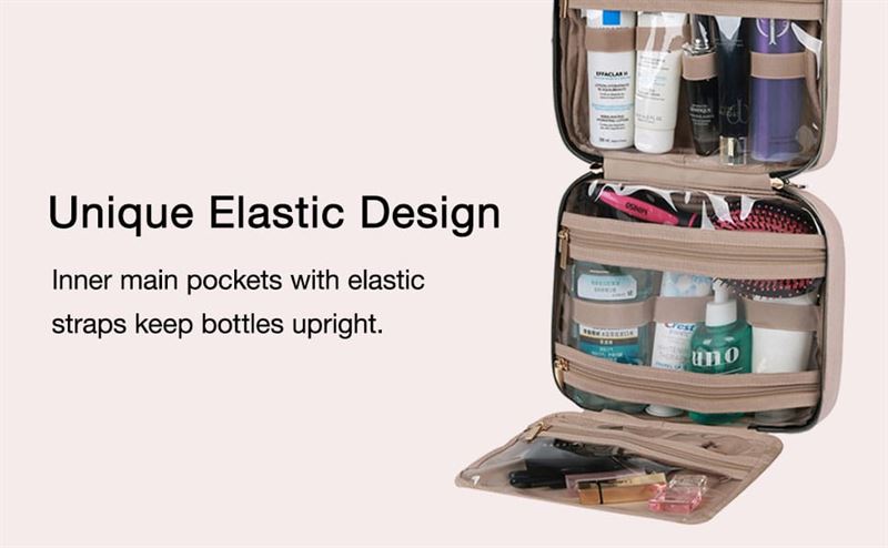 The UNIQ Travel Toiletry Bag in black features 4 compartments and elastic pockets to keep bottles upright. Water-resistant with a hanging hook, this organizer ensures your toiletries stay secure during travel.